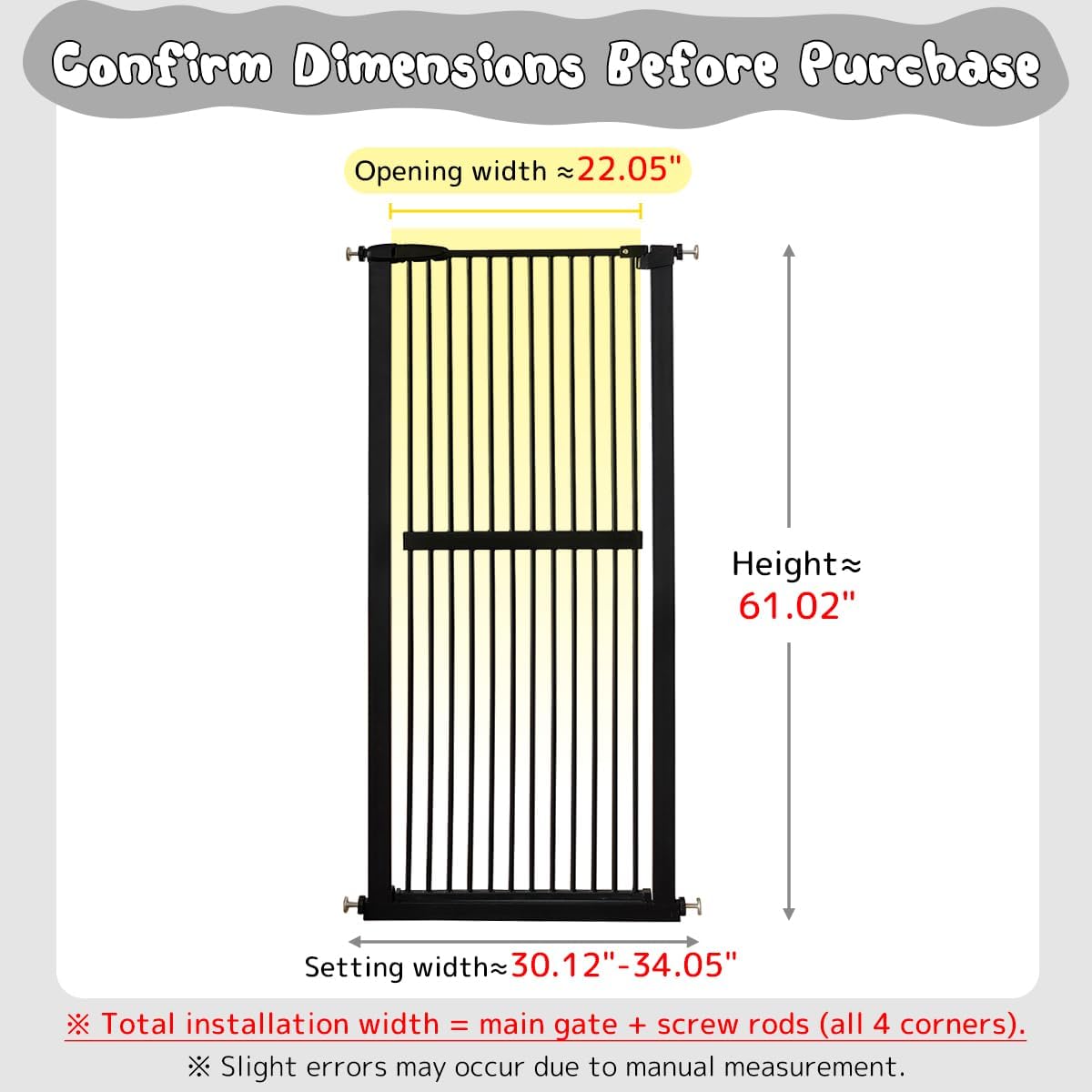 Lumizone Extra Tall Cat Gate 61.02" High Pressure Mounted Extra Wide 30.12"-34.05" (17Sizes) 1.37" Gap No Drilling Auto-Close Tall Pet Gate for Dogs (Black, 30.12"-34.05" W)