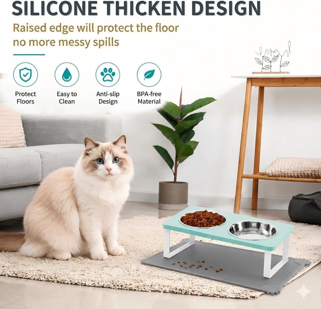 Upgraded Elevated Cat Bowls with Food Mat,15°Tilted Stand Anti Vomiting Raised Cat Dishes for Food and Water,2 Stainless Steel Bowls for Cats and Puppy