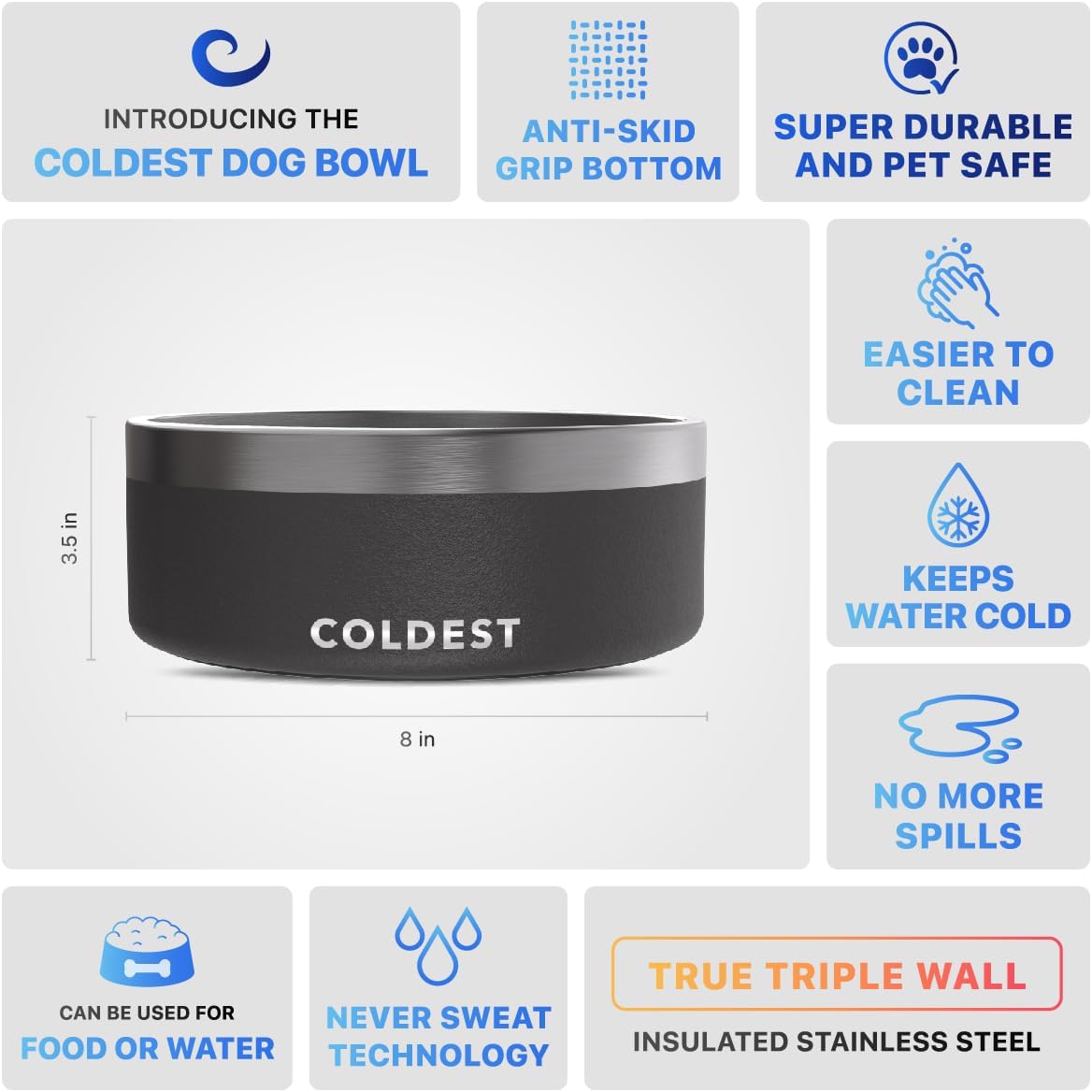 Coldest Dog Bowl - Anti Rust Metal, Non Slip, 3 Layers Insulated Stainless Steel Dog Bowls - Spill Proof & Heavy Duty - Water Bowl for Dogs, Cats & Pets, Dish Washer Safe (21 oz, Stealth Black)