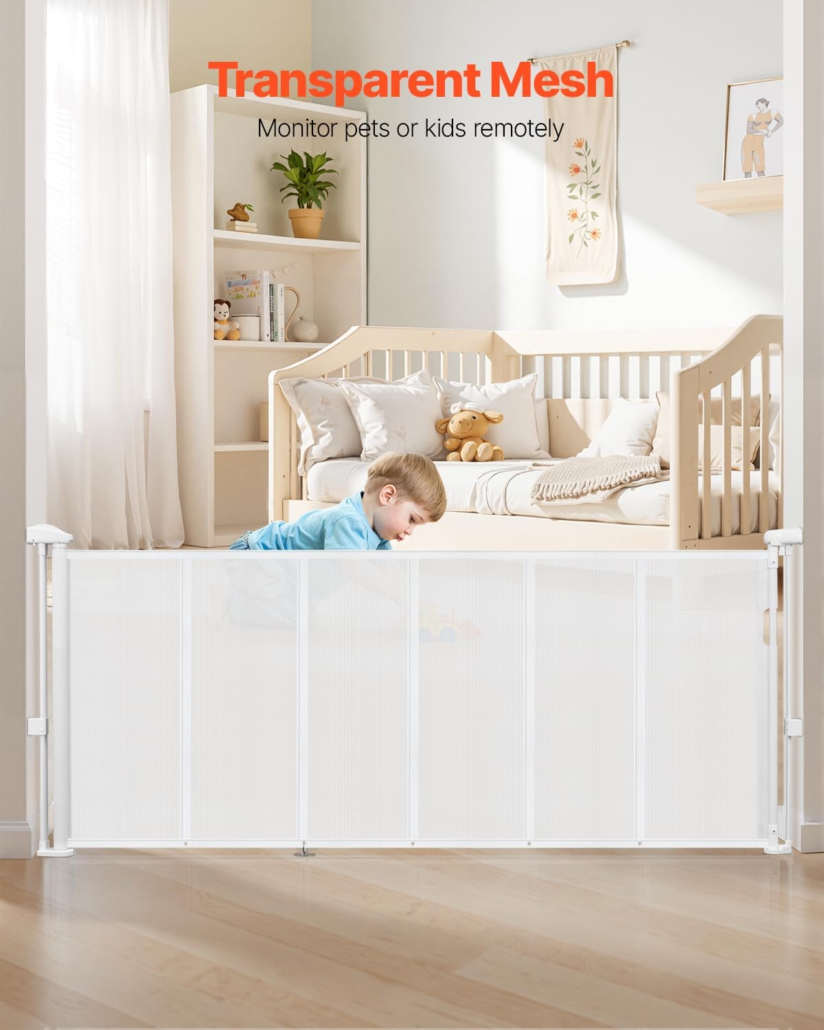 VEVOR Retractable Baby Gate, 34 inch Tall, Extends up to 110 inch Wide, Retractable Gate for Kids or Pets, Mesh Material, Easy to Install for Indoor Stairs, Doorways, Hallways, Playrooms, Gray