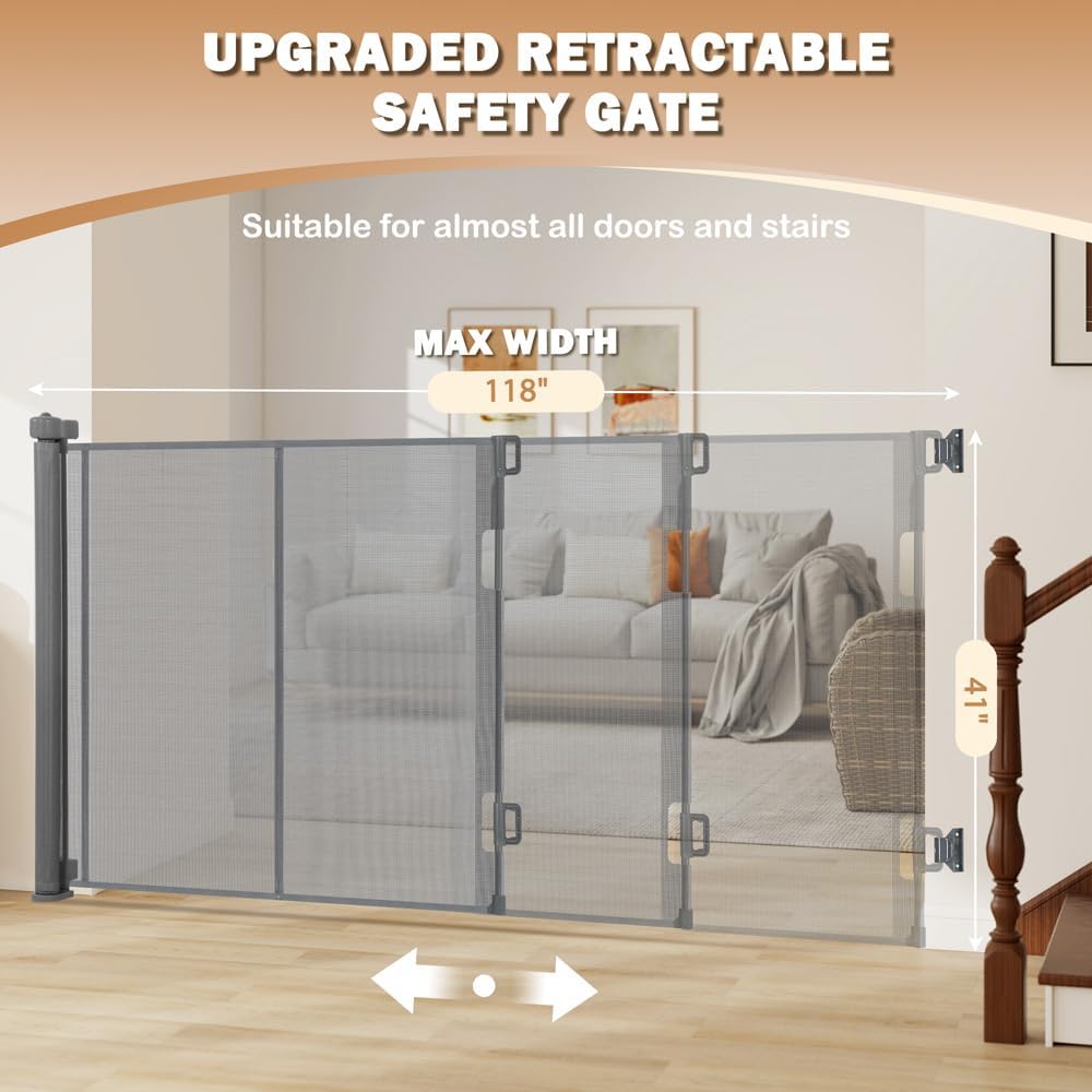 SMONTER Extra Wide Retractable Dog Gates, Mesh Baby Gate with Support Rods Extend to 118" Wide 33" Tall, Portable Safety Retractable Gate for Stairs, Indoor/Outdoor, Black