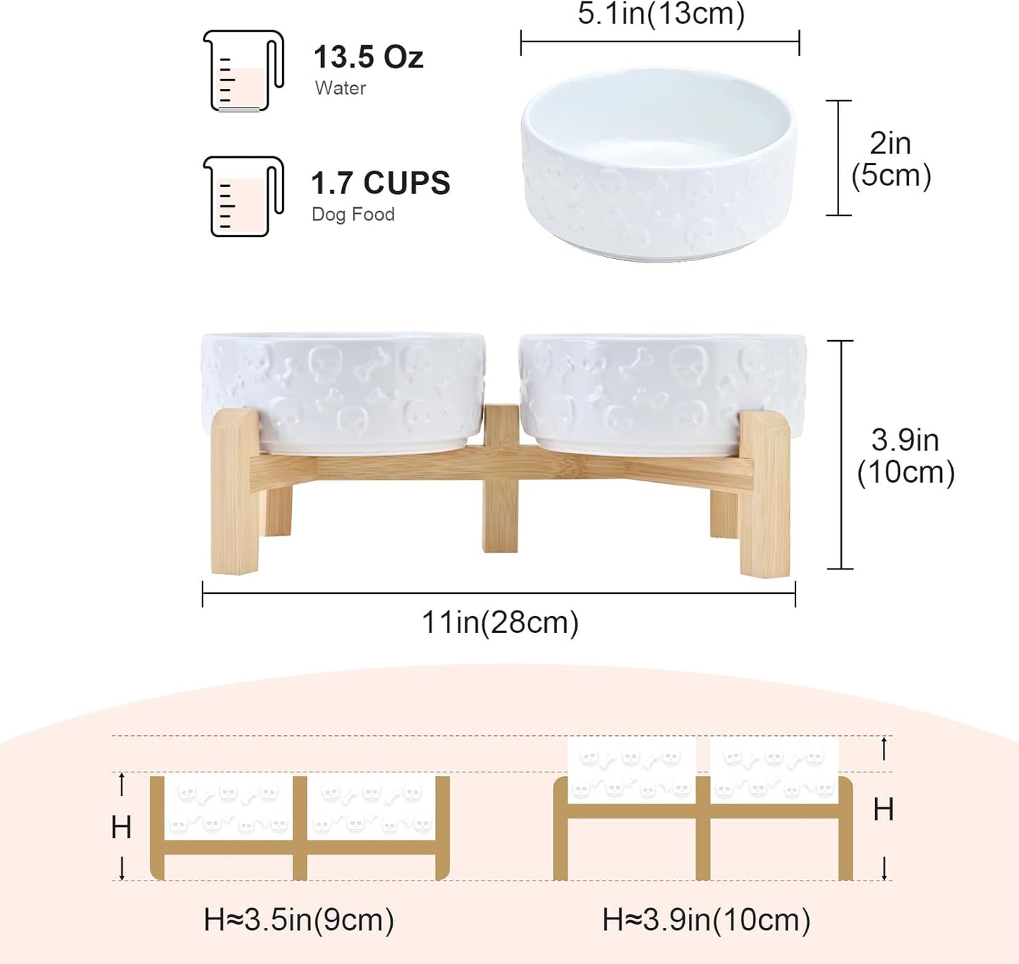 SPUNKYJUNKY Elevated Dog Bowls Ceramic, 6.1'' Dogs and Cat Food Water Bowls Raised with Non-Slip Bamboo Stand for Medium Sized Breed Microwave Dishwasher Safe - 28.7 OZ,Beige