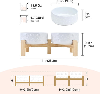 SPUNKYJUNKY Elevated Dog Bowls Ceramic, 6.1'' Dogs and Cat Food Water Bowls Raised with Non-Slip Bamboo Stand for Medium Sized Breed Microwave Dishwasher Safe - 28.7 OZ,Beige