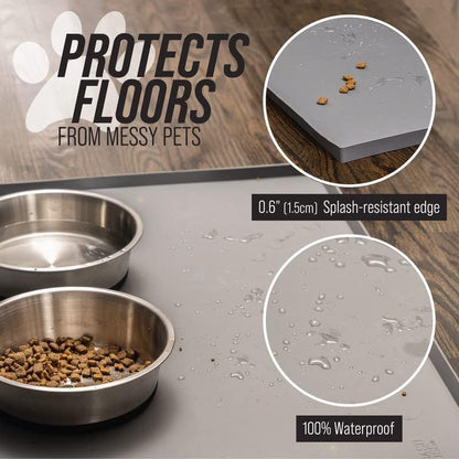 Leash Boss Dog Food Mat - Waterproof Cat & Dog Bowl Mat for Food and Water, Silicone Pet Feeding Mats for Floors, Non-Slip Placemat with High Edges, Puppy Essentials (Small: 18"x11", Navy)