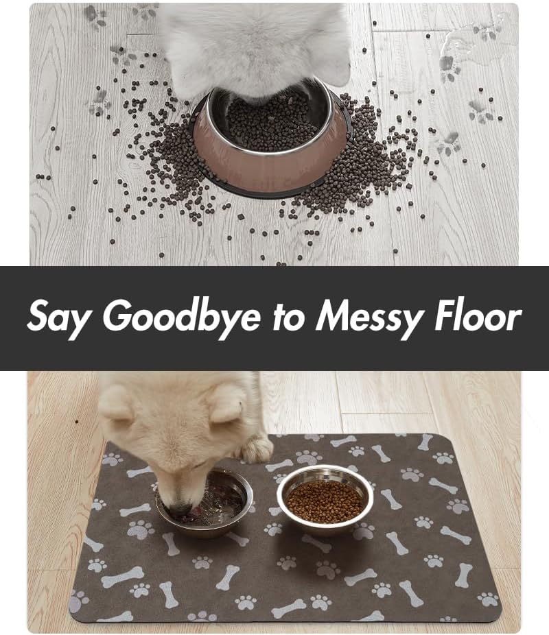 MontVoo Dog Food Mat-Pet Feeding Mat for Food and Water-No Stains Quick Dry Dispenser Cat Bowl Mat for Messy Drinkers(12"x19" Dark Grey)