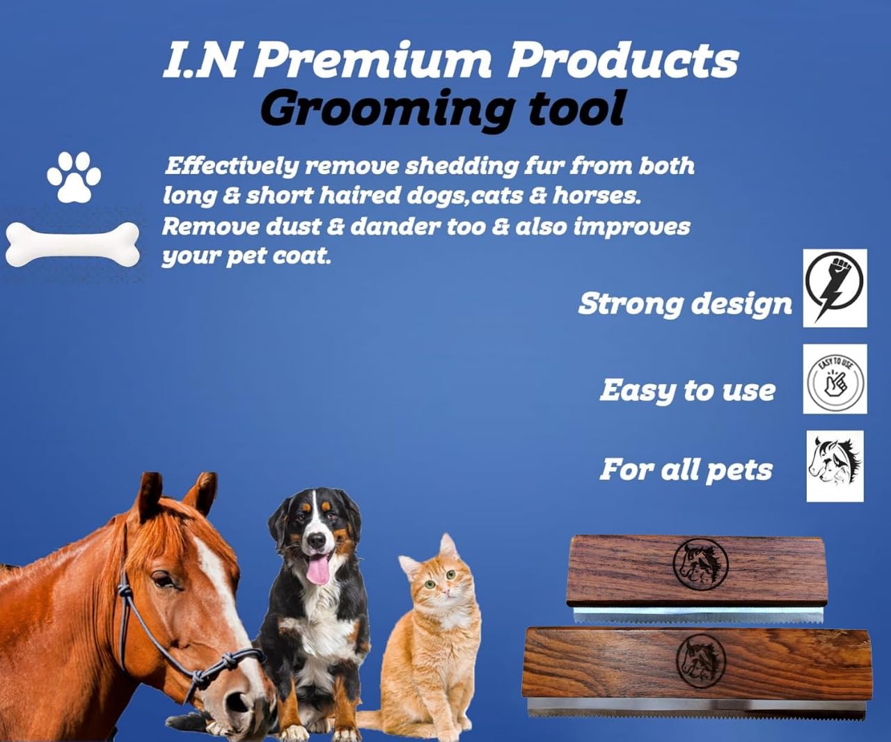 Original Deshedding Grooming Tools for Horse, Cats & Dogs Easy Ergonomic Wooden Handle Professional Brush Grooming Tool, Remove painlessly 95 Percent of Lose Hair Fur & Dirt (5 inch)