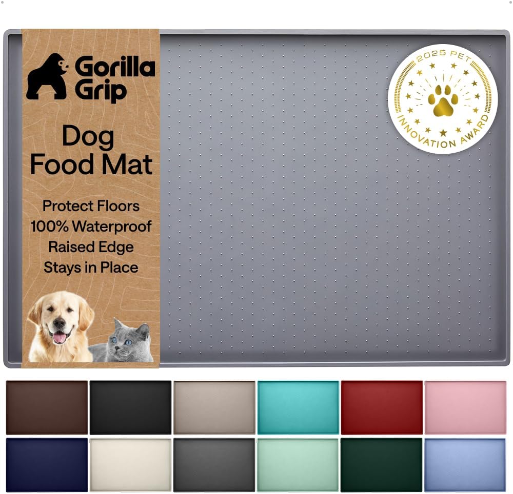 GORILLA GRIP 100% Waterproof Raised Edge BPA Free Silicone Pet Feeding Mat, Dog Cat Food Mats Contain Spills Protects Floors, Placemats for Cats and Dogs Water Bowl, 18.5x11.5, Gray