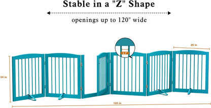 PUPETPO Freestanding Dog Gate with Door, Pet Gate for Stairs, 80 inch Wide Pet Barrier Indoor, Dog Fences Indoor, Support Feet Included, 4 Panels, 24" Tall, Dark Brown