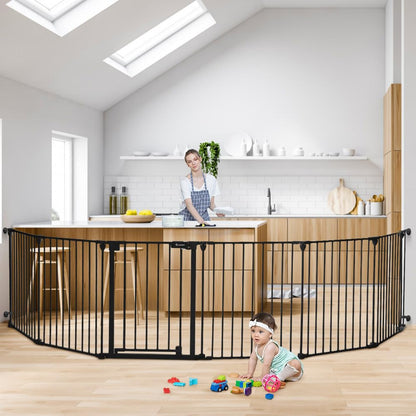 COMOMY 198" Baby Gate Extra Wide, Dog Gate Pet Gate for House Stairs Doorways Fireplace, 3 in 1 Play Yard Child Safety Gate, Auto Close, Hardware Mounted (30" Tall, Black)