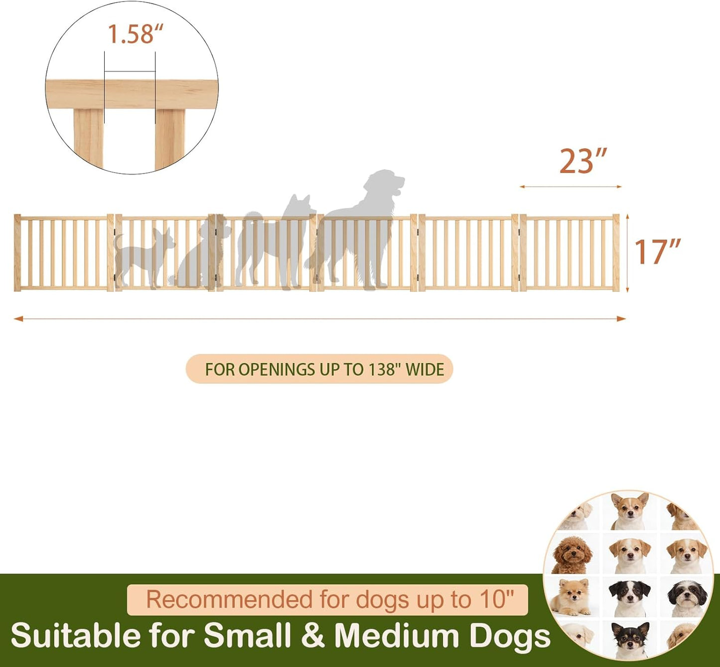 Wooden Freestanding Dog Gates,23" H Foldable Wood Pet Gate Indoor, No-Painted Puppy Gate for Doorways, Stairs, 23" Height-2 Panels