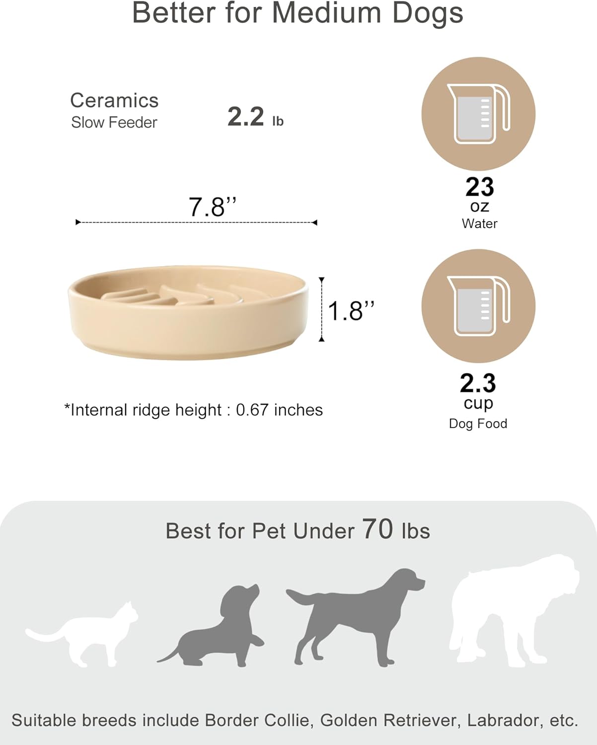 Ceramic Slow Feeder Dog Bowl, Maze Puzzle Non-Slip Silicone Base Stoneware Bowl for Small Medium Dogs, Heavy Duty Anti-Bloat Dog Food Bowl Dishwasher Safe – Apricot, Medium