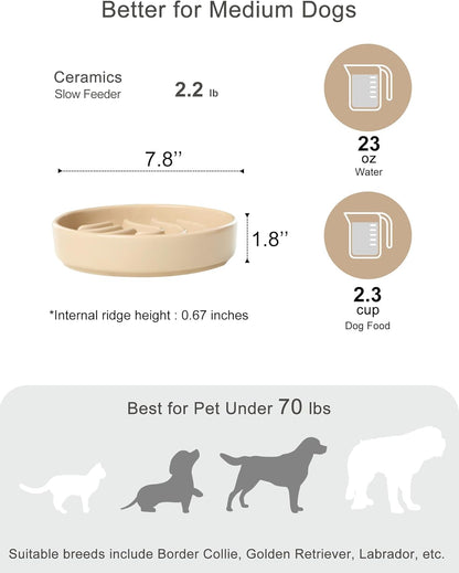 Ceramic Slow Feeder Dog Bowl, Maze Puzzle Non-Slip Silicone Base Stoneware Bowl for Small Medium Dogs, Heavy Duty Anti-Bloat Dog Food Bowl Dishwasher Safe – Apricot, Medium