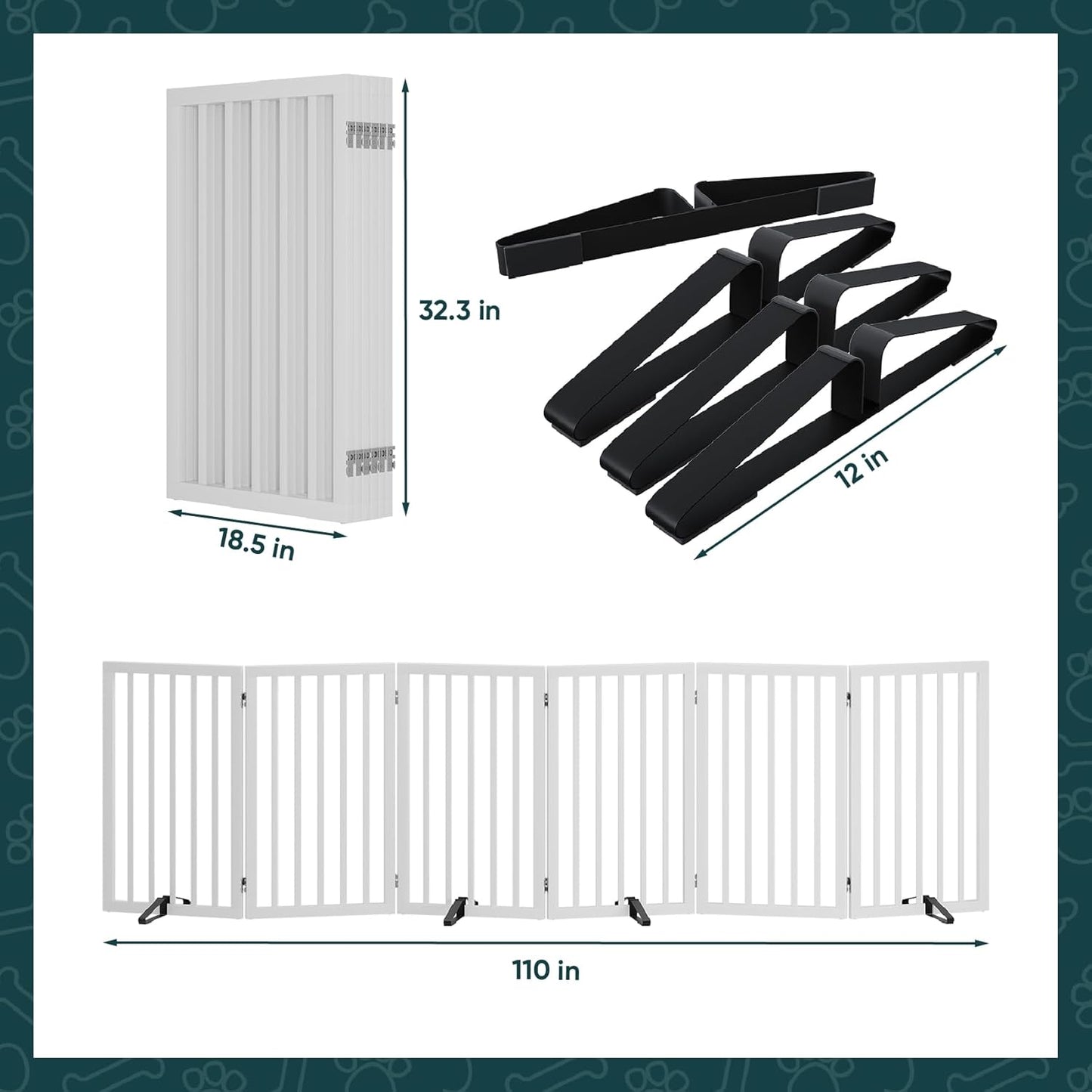 Freestanding Dog Gates Indoor, 3-Panel Pet Gates with 2 Metal Stands and 360° Hinge, 24" H Foldable Dog Gate for Stairs, Doorway, Kitchen, Expands Up to 55" Fully Assembled - Black Walnut