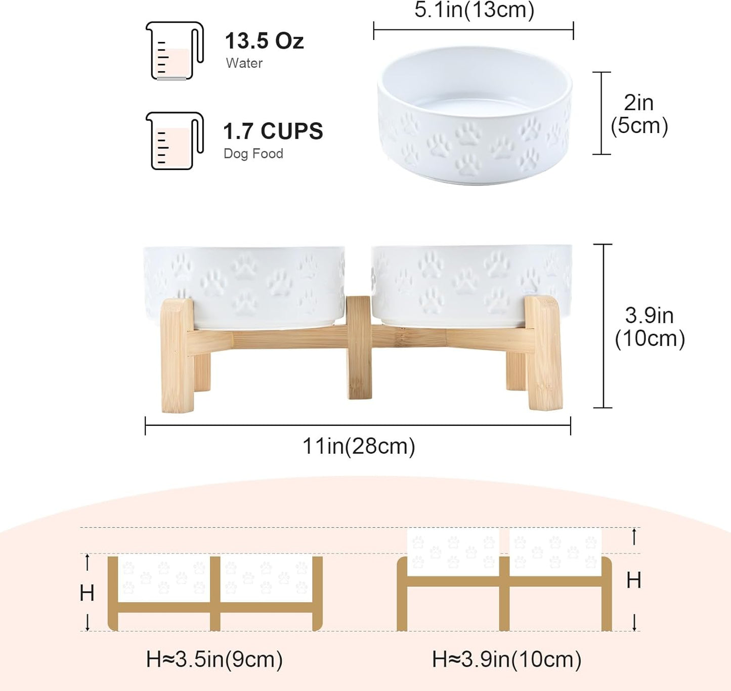 SPUNKYJUNKY Elevated Dog Bowls Ceramic, 6.1'' Dogs and Cat Food Water Bowls Raised with Non-Slip Bamboo Stand for Medium Sized Breed Microwave Dishwasher Safe - 28.7 OZ,Beige