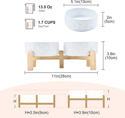SPUNKYJUNKY Elevated Dog Bowls Ceramic, 6.1'' Dogs and Cat Food Water Bowls Raised with Non-Slip Bamboo Stand for Medium Sized Breed Microwave Dishwasher Safe - 28.7 OZ,Beige
