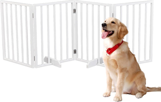 Outvita 4-Panel Indoor Foldable Dog Gate for Stairs, 24" H Retractable Wood Pet Freestanding Dog Fence, Pet Gate with Support Feet for Stairs, Hallways, Doorways, Front Porch, Fireplace, White