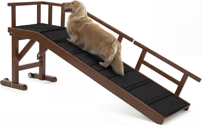 Dog Ramp for Bed or Couch, Wooden Pet Ramp with 20° Gentle Slope, Removable Side Rails, Non-Slip Surface, Top Platform & Wheels, Safe Bed Ramp for Small, Large & Senior Dogs, 60" Long, Mahogany