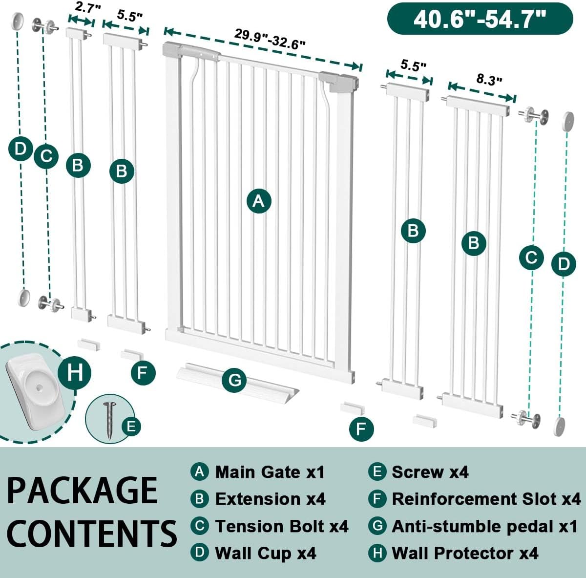 Fairy Baby 40.5" Extra Tall Baby Gate for Stairs, Fits Openings of 40.6" to 54.7" Wide, Extra Wide Dog Gate Indoor, Pressure Mounted Walk Thru Swing Auto Close Metal Puppy Barrier for Doorway, Black