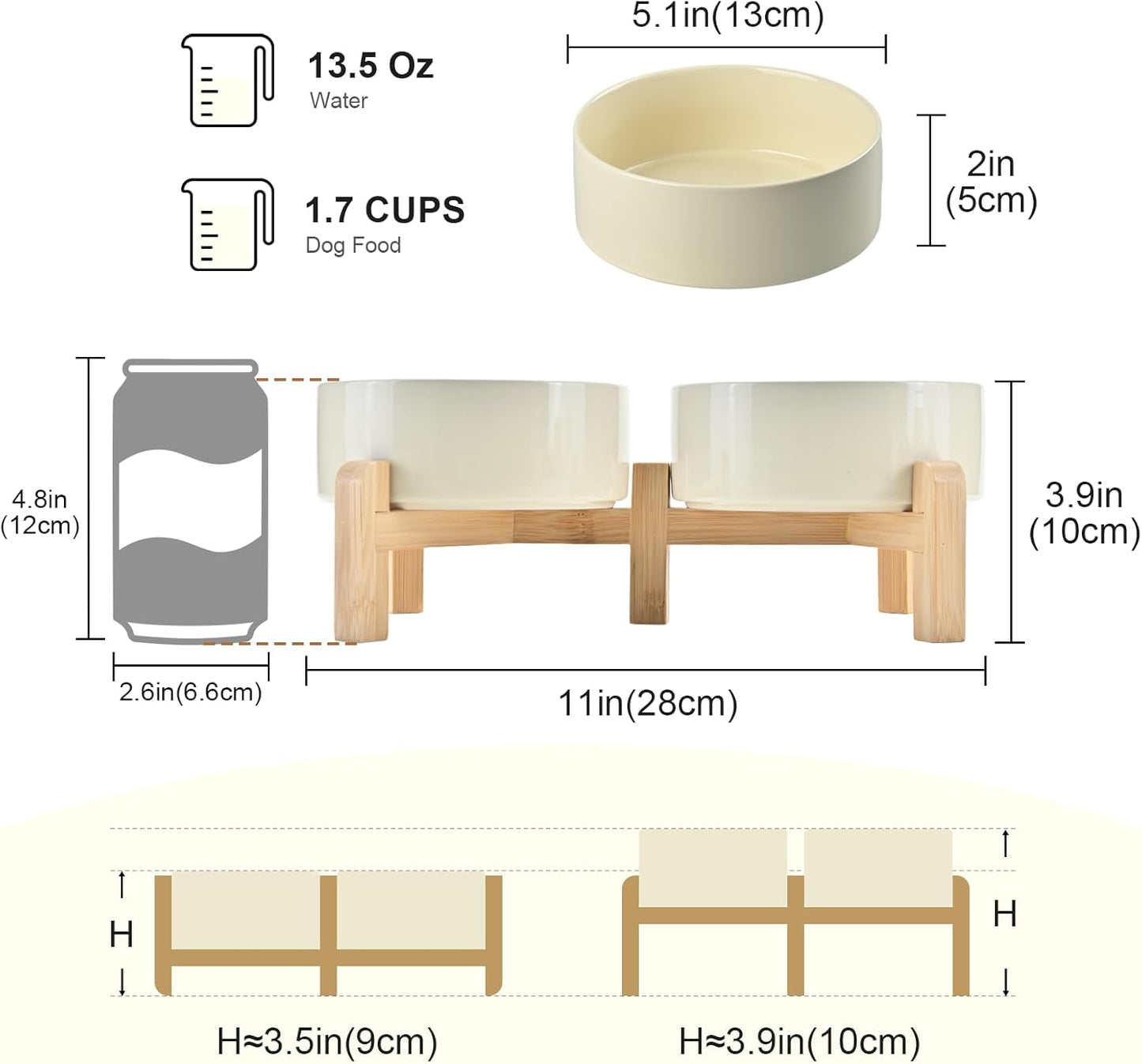 SPUNKYJUNKY Elevated Dog Bowls Ceramic, 6.1'' Dogs and Cat Food Water Bowls Raised with Non-Slip Bamboo Stand for Medium Sized Breed Microwave Dishwasher Safe - 28.7 OZ,Beige