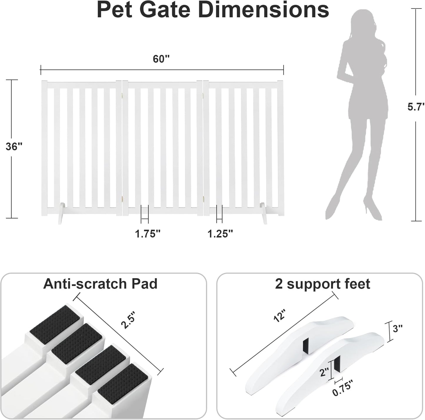 36" Height Extra Tall Freestanding Pet Gate, Solid Wood Folding Safety Fence Wooden Dog Gate with 2 PCs Support Feet Ideal for Stairs, Doorways, Halls, Kitchens, Heavy Duty Gates, 3 Panels, Oak