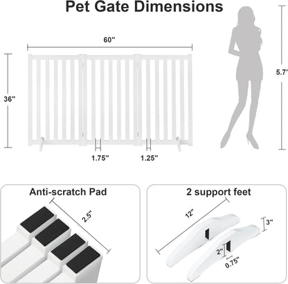 36" Height Extra Tall Freestanding Pet Gate, Solid Wood Folding Safety Fence Wooden Dog Gate with 2 PCs Support Feet Ideal for Stairs, Doorways, Halls, Kitchens, Heavy Duty Gates, 3 Panels, Oak