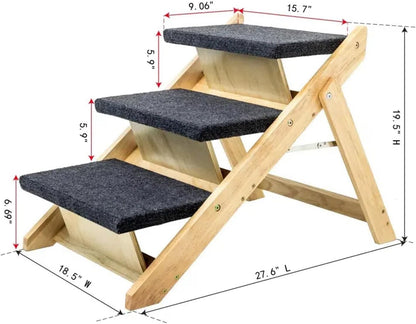 Wood Pet Stairs/Steps, 2-in-1 Foldable Dog Steps for Bed, Sofa, Couch and Cars, 3 Levels Dog/Cat Ladder & Ramp for Small Medium Large Pet, Wooden Frame Support Up to 110 lbs, Light Yellow