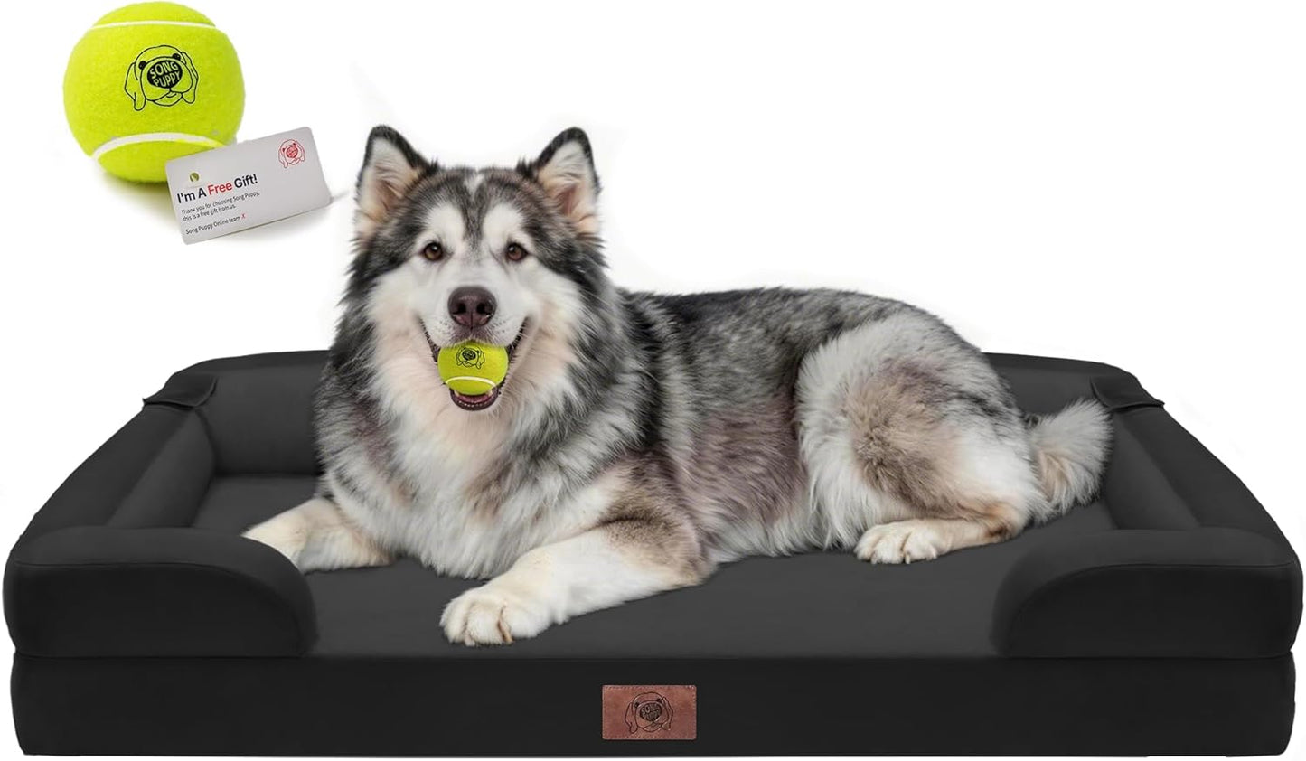 Extra Large Dog Bed, Orthopedic XL Washable Memory Foam Bed for Big Dogs Waterproof Pet Couch Sofa Bolster with Removable Cover, Non-Slip Bottom, Tennis Ball Toy, 42x30