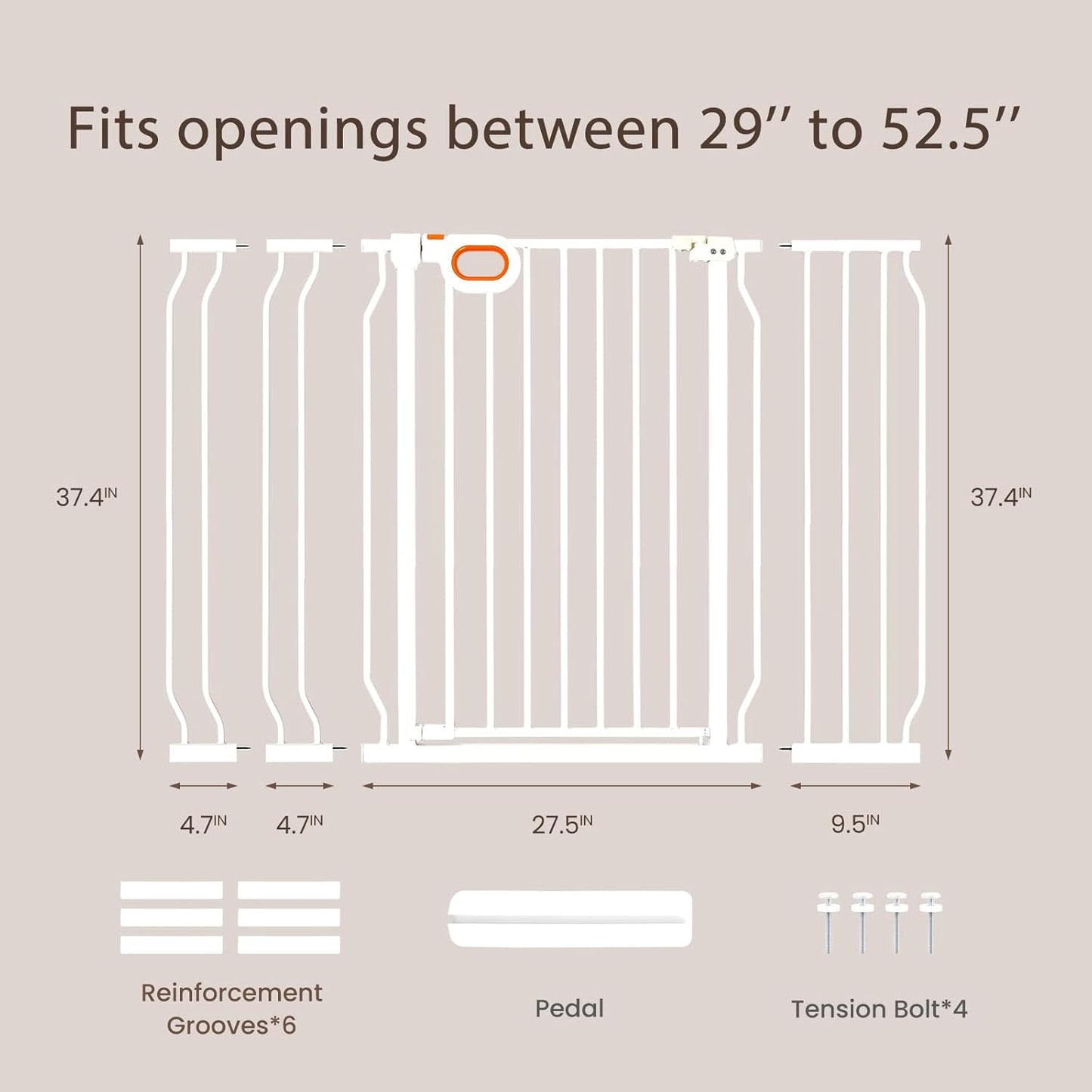owlie 37.4" Extra Tall Wide Baby Gate for Stairs Doorways,47-57 Inch Extra Large Long Baby Gate with Door Indoor Safety Metal Pressure Mounted Pet Gate with Walk-Thru Auto Close, Black