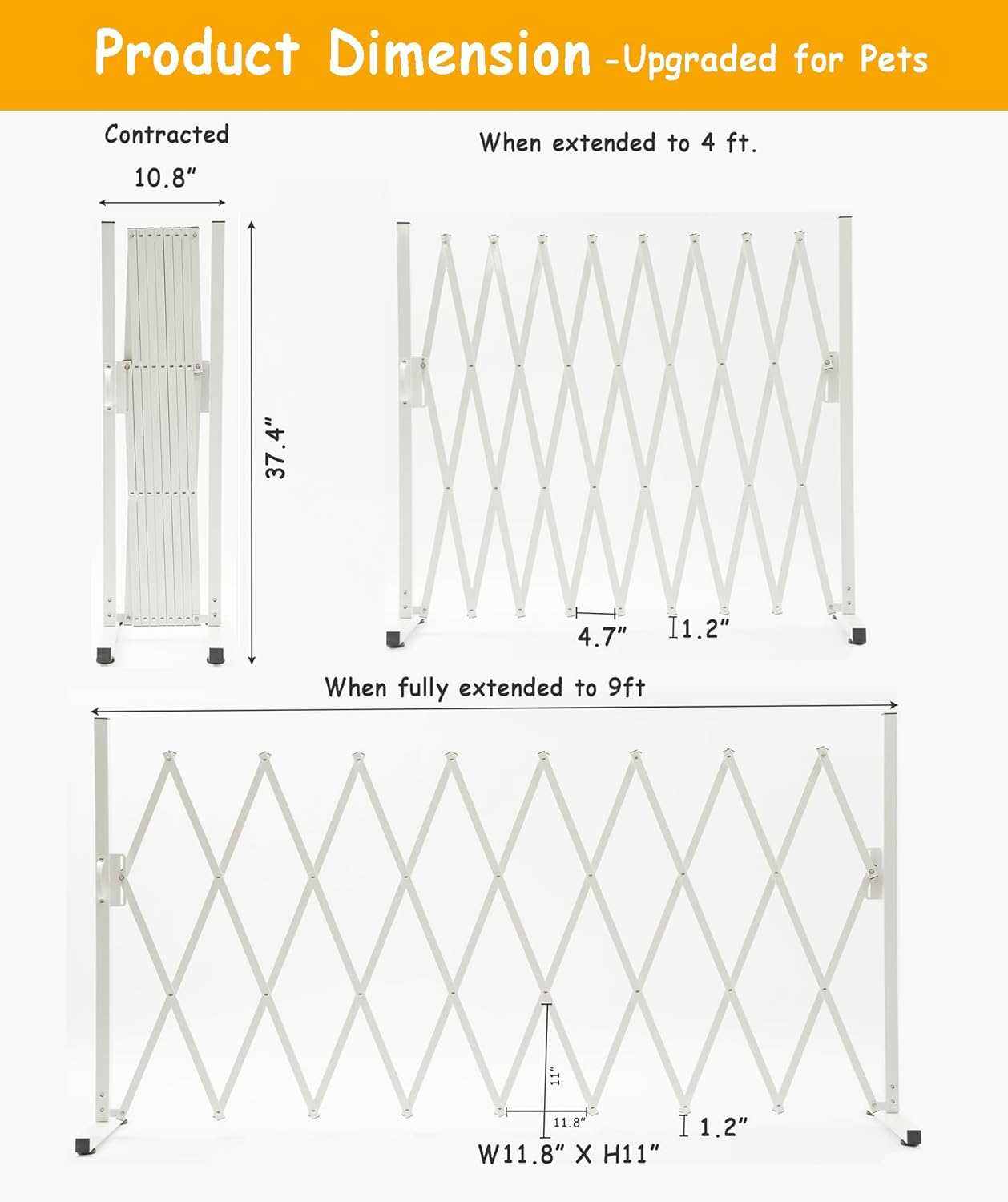 Metal Expandable Dog Gate, 9Feet, Versatile Accordion Safety Barrier, Portable Retractable Barricade, Free Standing Adjustable Pet Fence, Indoor and Outdoor