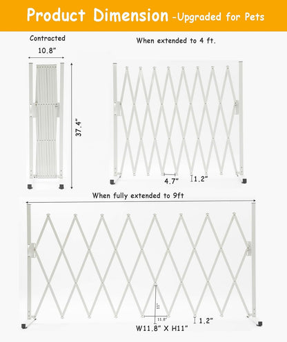Metal Expandable Dog Gate, 9Feet, Versatile Accordion Safety Barrier, Portable Retractable Barricade, Free Standing Adjustable Pet Fence, Indoor and Outdoor