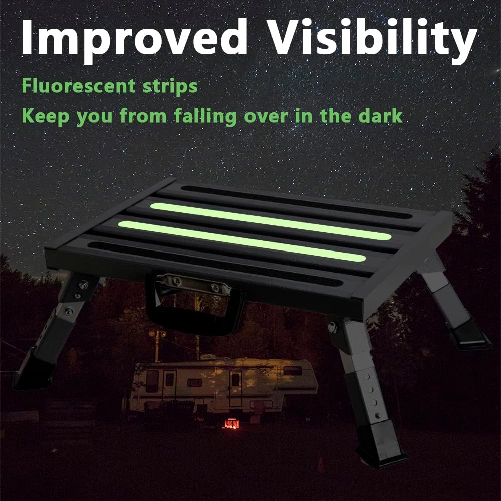 Aluminum RV Steps, 4-Level Adjustable Folding Step Stool with Non-Slip Rubber Feet, Non-Slip Fluorescent Strip Platform Rv Accessories, Supports Up to 1000 lbs - Black