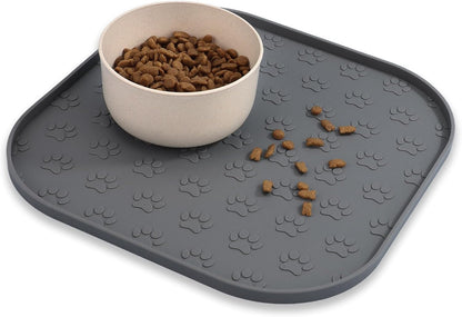 Pet Feeding Mat, Waterproof Anti-Slip Placemats for Dog Cat Bowl Silicone Pet Food Mat, Raised Edge Prevent Spills on Floor & Carpet, Dishwasher Safe (Beige, 11" x 11")