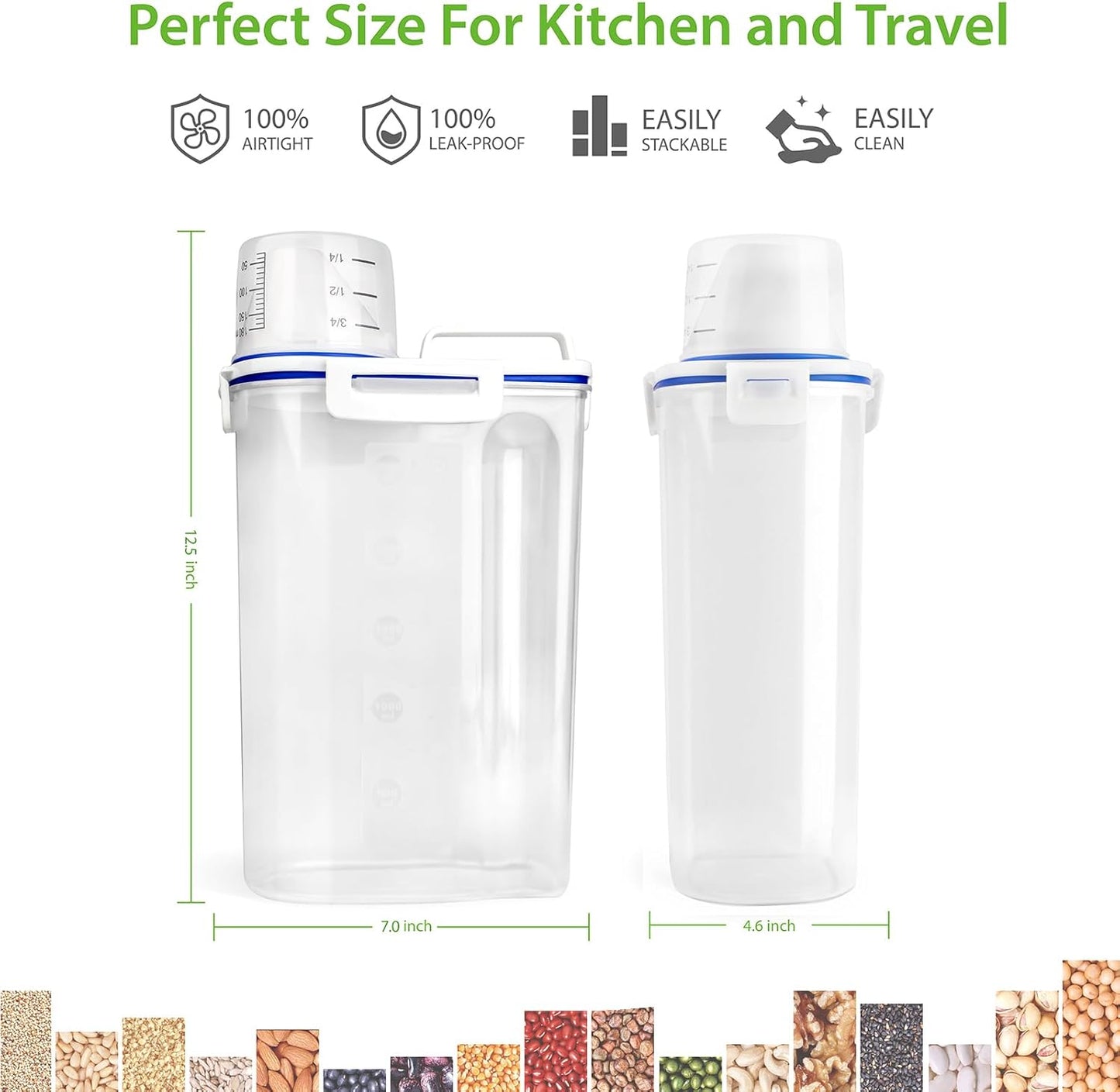 Viretec Rice Airtight Storage Container, 3 to 5Lbs Cereal Dry Food Flour Bin, Pet Dog Cat Food Dispenser with Measuring Cup, BPA Free Clear Plastic Kitchen and Pantry Organization Bin for Sugar