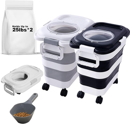 SEWIU 2pack 25 lbs Dog Food Storage Container,Collapsible Dog Food Container with Scoop,Pet/Dog/Cat/Bird Food/Cat litter Storage Containers to Keep Dry,Easy to Move.(Black+white)