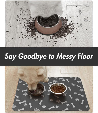 MontVoo Dog Food Mat-Pet Feeding Mat for Food and Water-No Stains Quick Dry Dispenser Cat Bowl Mat for Messy Drinkers(12"x19" Dark Grey)