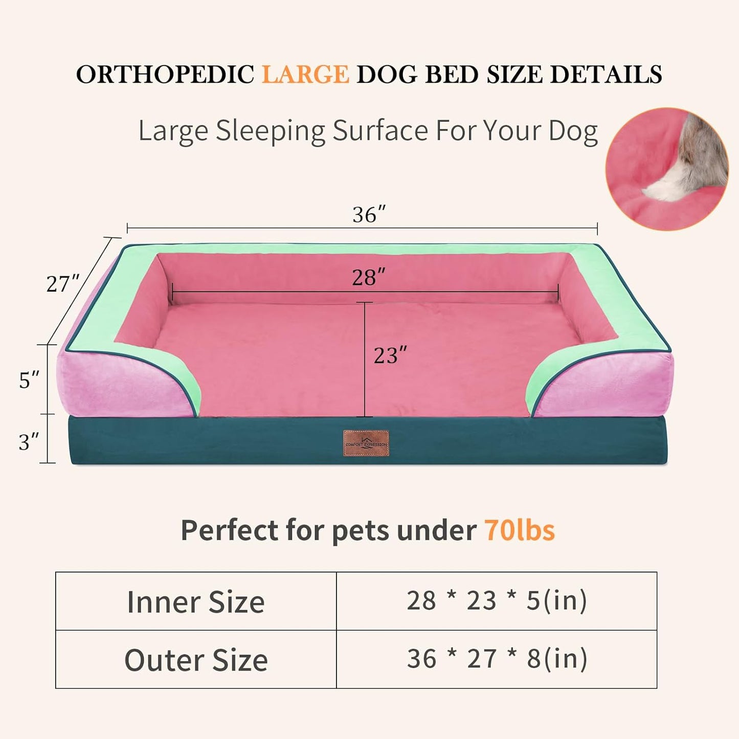 Comfort Expression Orthopedic Dog Bed for Extra Large Dogs 42x30 Inch, Waterproof Egg Crate Foam XL Pet Bed with Removable Bolsters, Dog Couch with Washable Cover & Non-Slip Bottom, Grey - Colors B