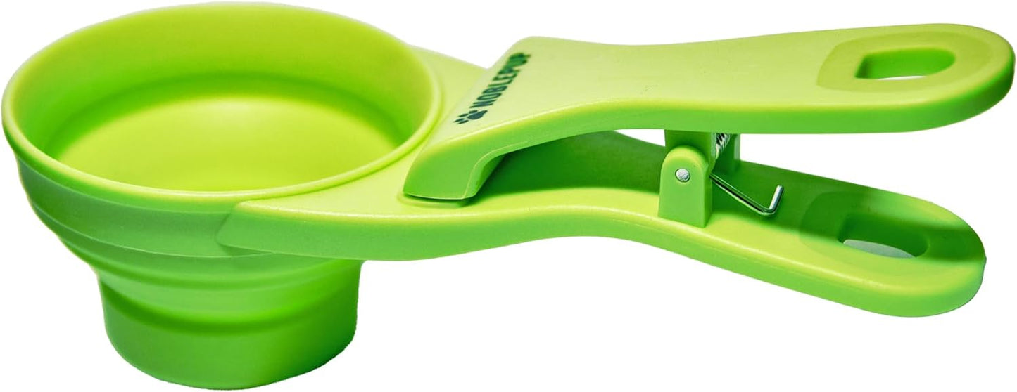 MeasureMate Pet Food Scoops with Bag Clip for Dog and Cat - 3-in-1 Multi-Function Collapsible Food Measuring Cup - 1 Cup Capacity, 8oz, Green - Dishwasher Safe