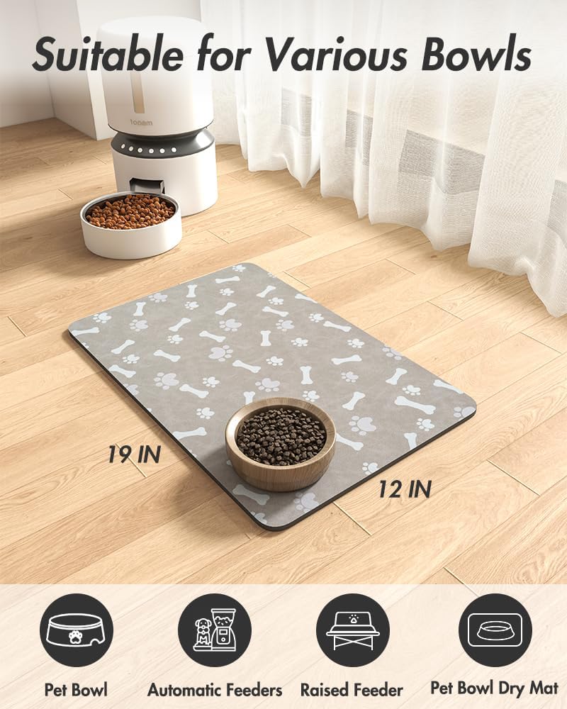 MontVoo Dog Food Mat-Pet Feeding Mat for Food and Water-No Stains Quick Dry Dispenser Cat Bowl Mat for Messy Drinkers(12"x19" Dark Grey)
