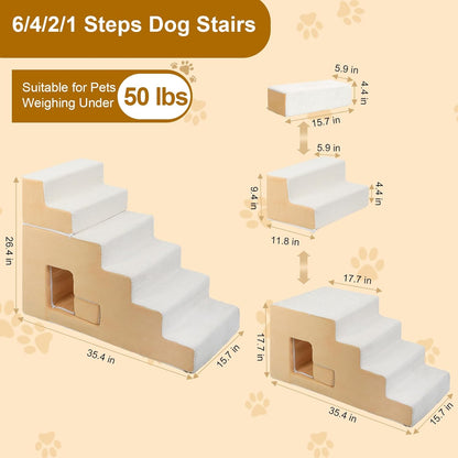 Dog Stairs for Small Dogs, 6-Step Dog Steps for High Bed, High-Density Foam Pet Stairs with Non-Slip Removable Washable Cover to Get on Bed