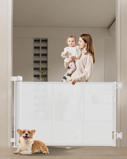 Miumoon 120 inch Retractable Baby Gates 34 inch Tall, Retractable Gate with Reinforced Strip Design to Prevent Crawling Through, 10 FT Extra Wide Retractable Dog Gate for Indoor/Outdoor