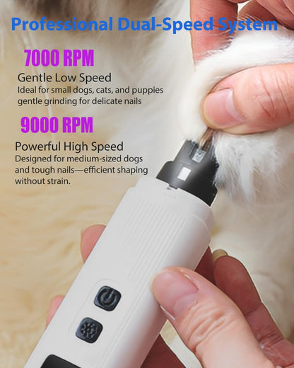 Electric Dog Nail Grinder with 2 Level LED Lights, 2 Speed 30dB Super Quiet and Low Vibration Turbo Charge Pet Nail Grinder for Small Dogs and Cats - White