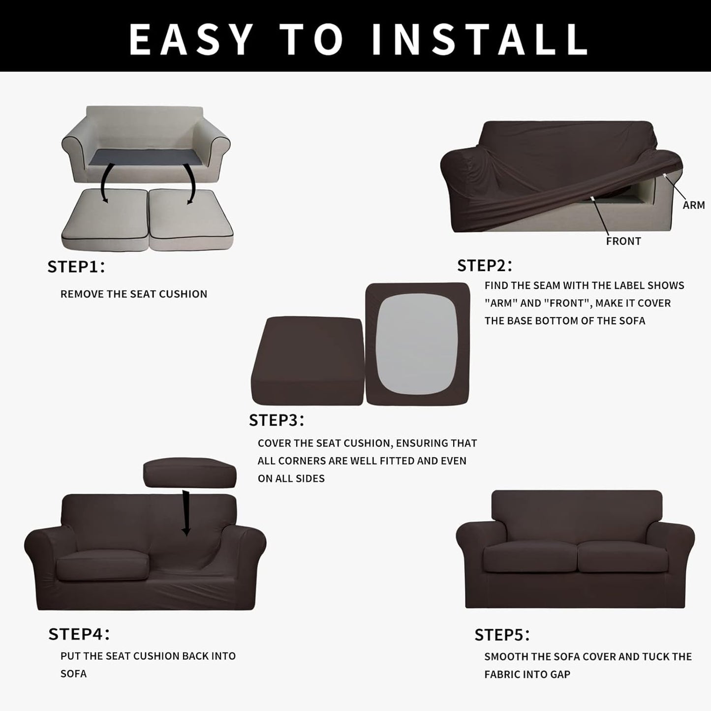 Easy-Going 100% Dual Waterproof 4 Pieces Stretch Soft Couch Cover for Dogs, Sofa Slipcover for 3 Separate Cushion Couch Leakproof Furniture Protector for Kids, Pets Dark Gray