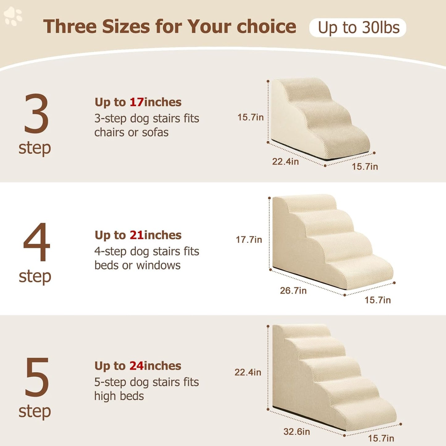 Aodisman Dog Ramp and Stairs for Small Dogs & Cats,3-Step Pet Stairs for Couch Sofa and Chair,Indoor Anti-Slip Dog Stairs for Old Cats and Puppy,Beige