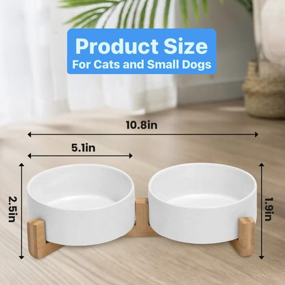 Ceramic Cat and Small Dog Bowl Set – Modern Indoor Small Size Pet Food and Water Bowls with Wood Stand – Non Slip Puppy Sized Feeding Station with Double Dishes (Gray)