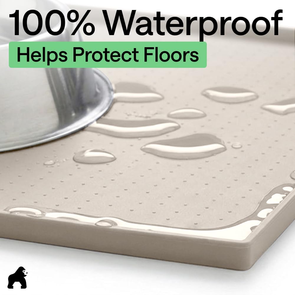 GORILLA GRIP 100% Waterproof Raised Edge BPA Free Silicone Pet Feeding Mat, Dog Cat Food Mats Contain Spills Protects Floors, Placemats for Cats and Dogs Water Bowl, 18.5x11.5, Gray