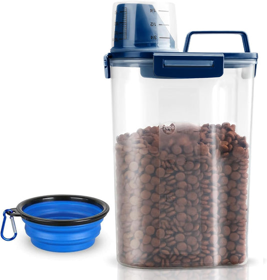 TIOVERY Dog Food Storage Container, 5-7 Lbs Airtight Pet Food Container, Cat Food Container Dispenser Plastic Bin with Pouring Spout, Portable Handle and a Collapsible bowl for Dogs Cats Grey/6Qt
