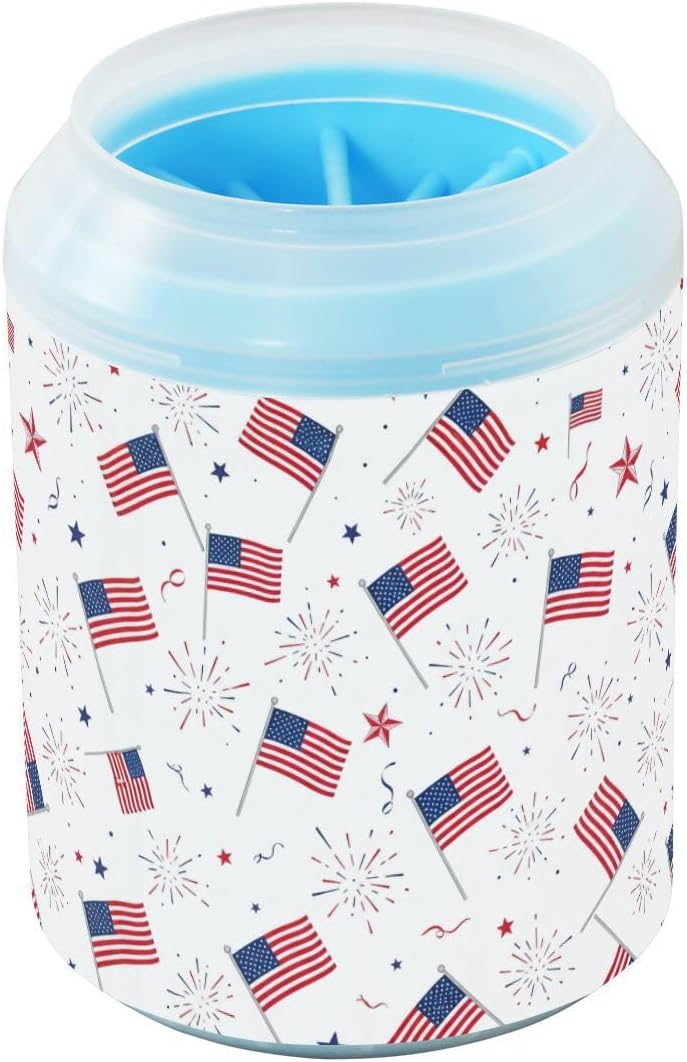 Flags Fireworks 250th Anniversary White Print Dog Paw Cleaner Cup with Soft Silicone Brush, Portable Small Lightweight Muddy Paw Washer for Dogs, Easy to Use Pet Foot Cleaner