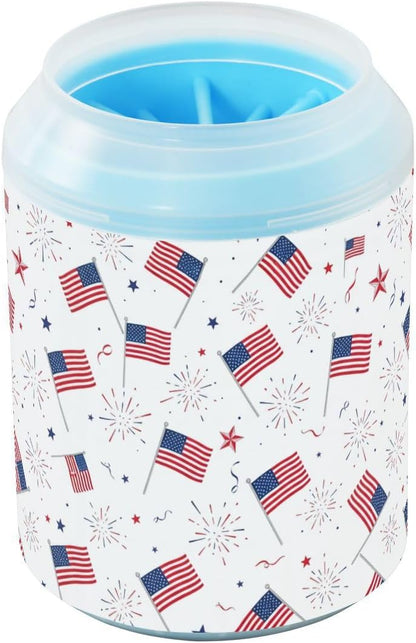 Flags Fireworks 250th Anniversary White Print Dog Paw Cleaner Cup with Soft Silicone Brush, Portable Small Lightweight Muddy Paw Washer for Dogs, Easy to Use Pet Foot Cleaner