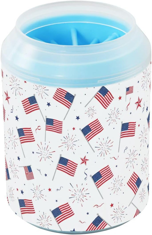 Flags Fireworks 250th Anniversary White Print Dog Paw Cleaner Cup with Soft Silicone Brush, Portable Small Lightweight Muddy Paw Washer for Dogs, Easy to Use Pet Foot Cleaner