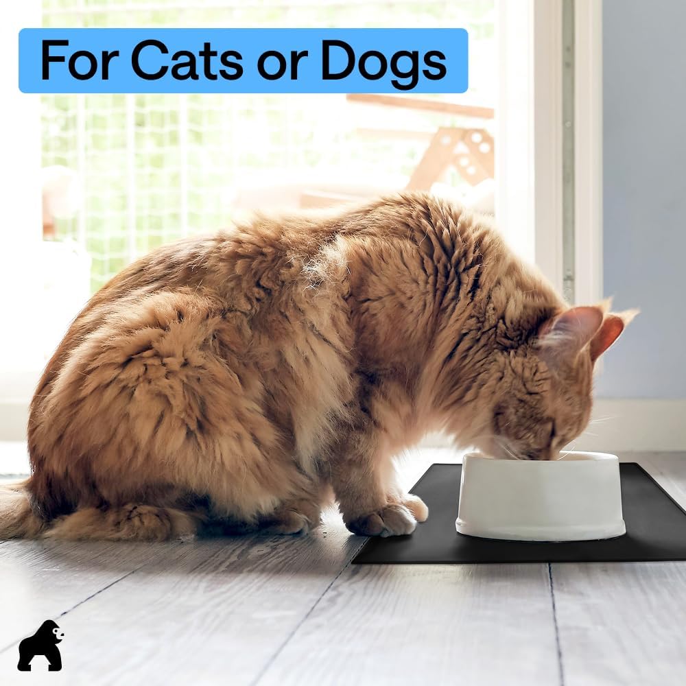 GORILLA GRIP 100% Waterproof Raised Edge BPA Free Silicone Pet Feeding Mat, Dog Cat Food Mats Contain Spills Protects Floors, Placemats for Cats and Dogs Water Bowl, 18.5x11.5, Gray
